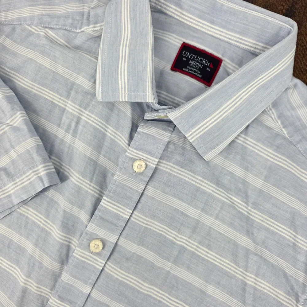UNTUCKit Rueda Button‎ Down Shirt Mens Medium Blue Striped Slim Fit Short Sleeve